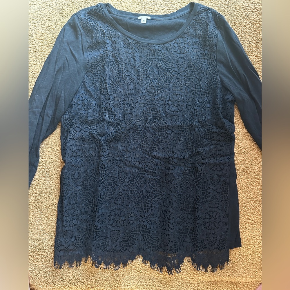 J CREW Women’s Navy Lace Layered 3/4 Sleeve Pullover Top